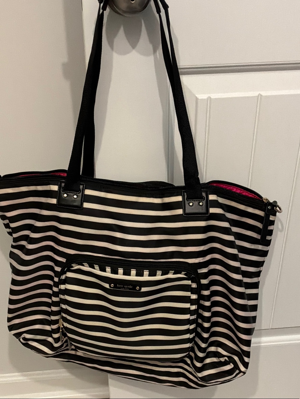 kate spade Black and White Striped Tote with Front Pocket